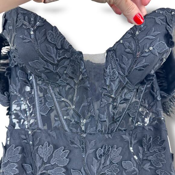 Lulus NWT Midnight Sparkle Black Embroidered Feather Bustier Maxi Dress XS - Picture 6 of 13